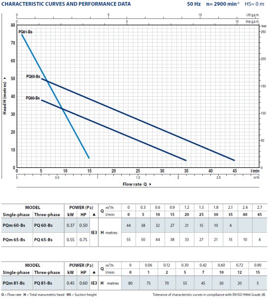 Charakterystyki pompy poziomej Pedrollo PQ-BS